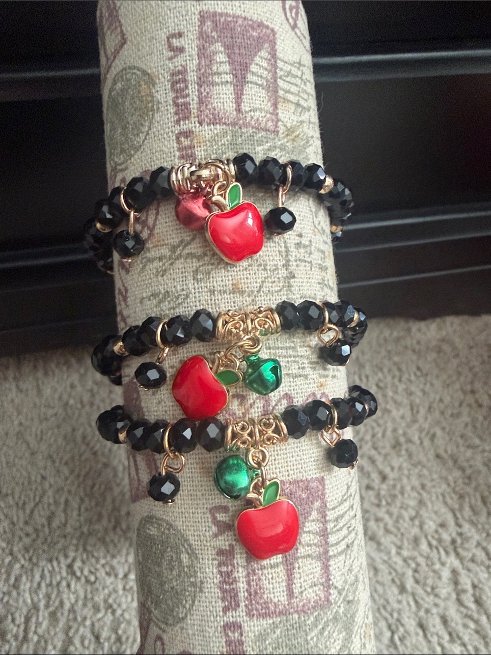 Black Beaded Bracelet Set with Red Apple Charm